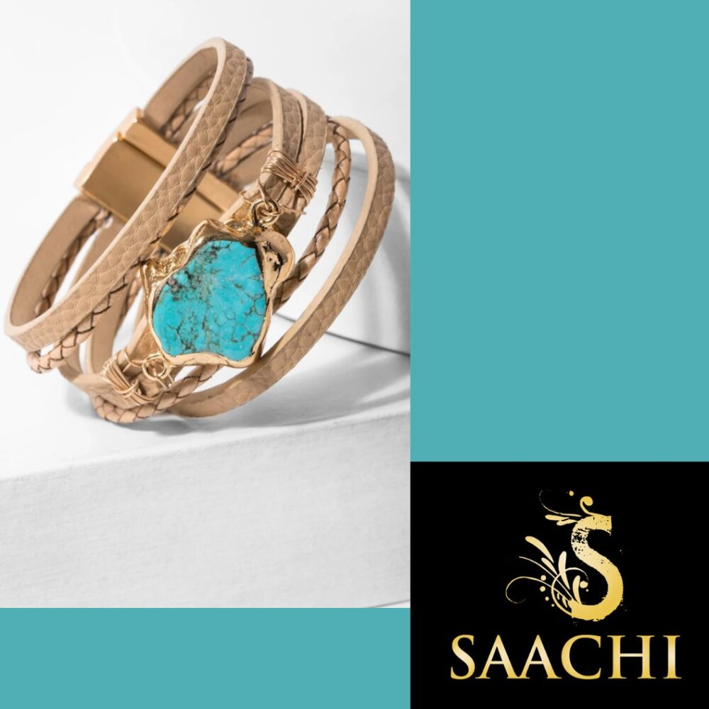 Saachi Braided Turquoise Bracelet-Beige BOHO Chic New - Picture 2 of 8